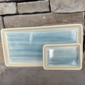 Ceramic Rectangular Serving Tray Set with Light Blue Brushstrokes on Cream